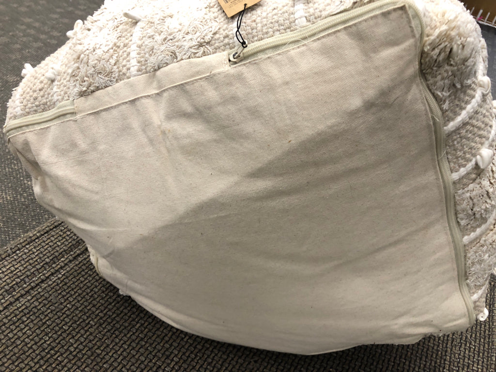 BEIGE TEXTURED COTTON WOVEN POUF OTTOMAN.