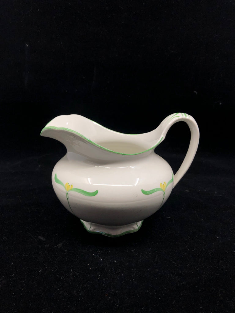 VTG GREEN WITH YELLOW FLORAL PITCHER.