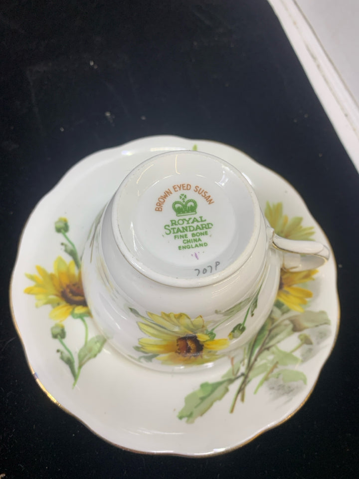 VTG WHITE W/YELLOW BROWN EYED SUSAN TEA CUP & SAUCER-ROYAL STANDARD