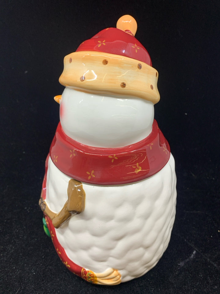 SNOWMAN COOKIE JAR W/ MAROON SCARF+HAT.