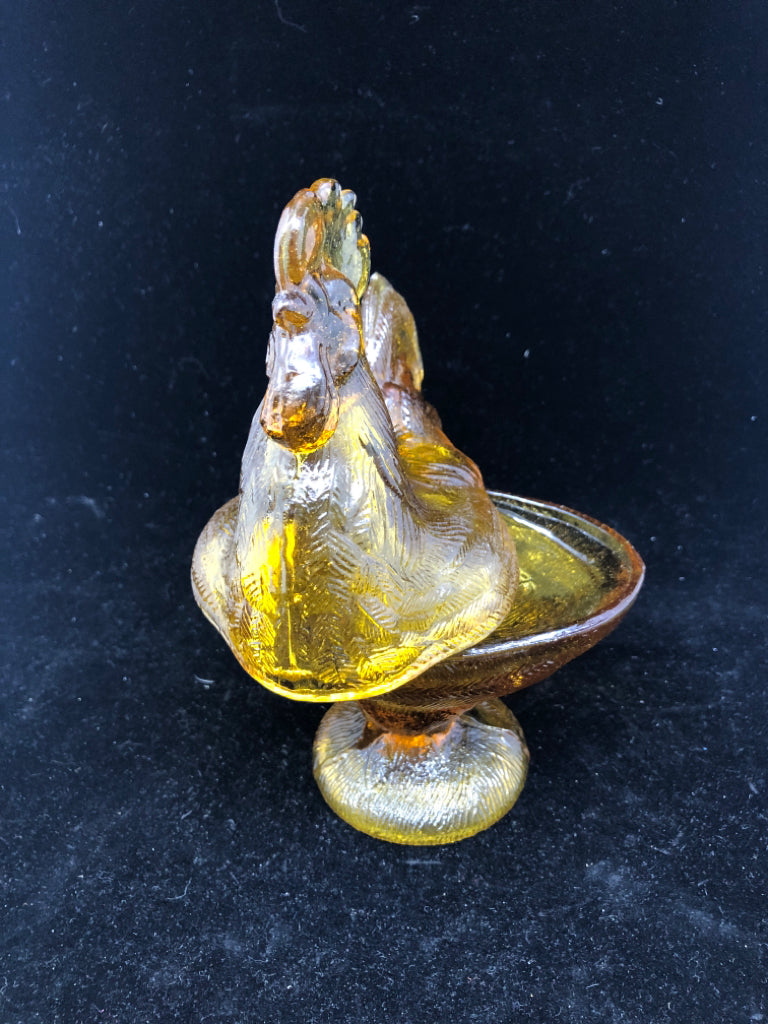 SMALL AMBER GLASS ROOSTER CANDY DISH W LID.