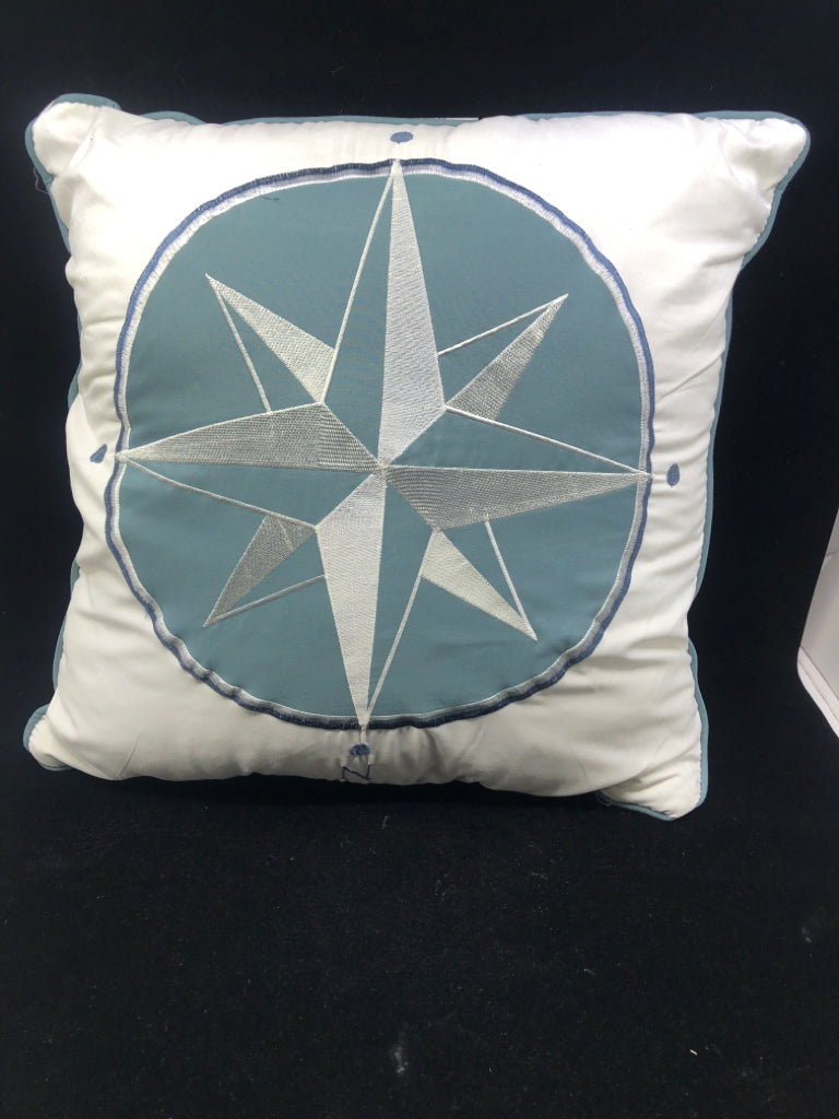 WHITE /TEAL COMPASS THROW PILLOW.