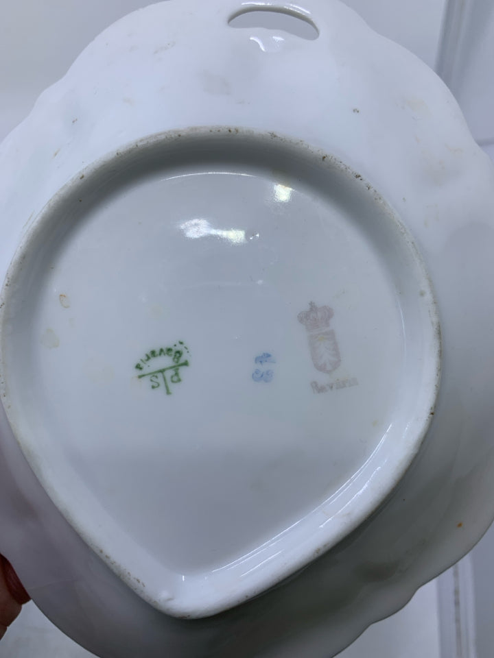 SHALLOW DISH W/ PINK ROSES GOLD RIM W/ SMALL CUTOUT.