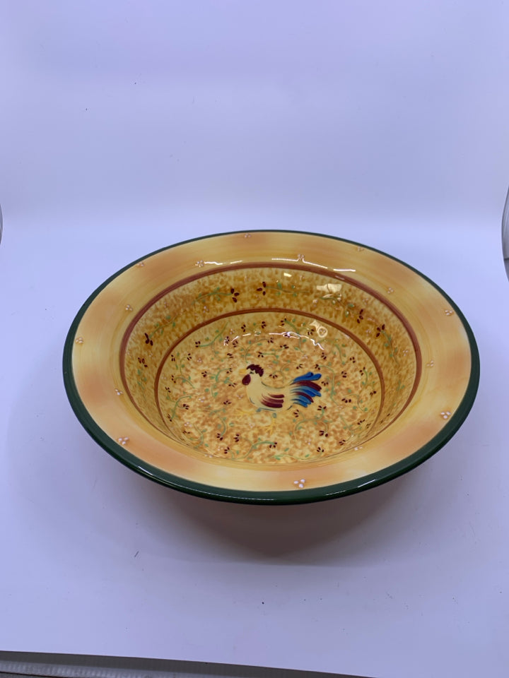 LARGE YELLOW/ORANGE/GREEN SERVING BOWL W/ ROOSTER IN CENTER.