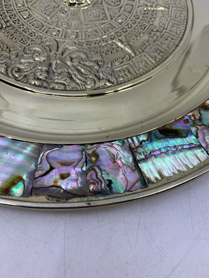 VTG SILVER METAL MOTHER OF PEARL AZTEC SUN CALENDAR.