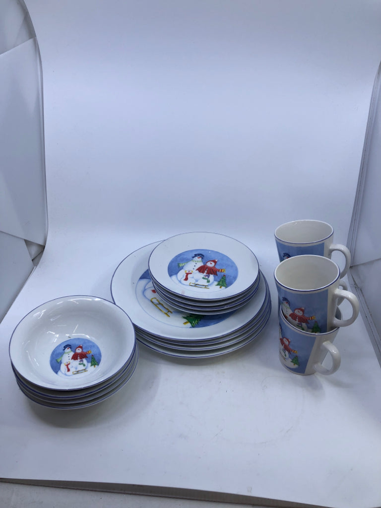 16PC SNOWMAN DISH SET- 4 MUGS, 4 BOWLS, 4 DINNER PLATES, 4 LUNCH PLATES.