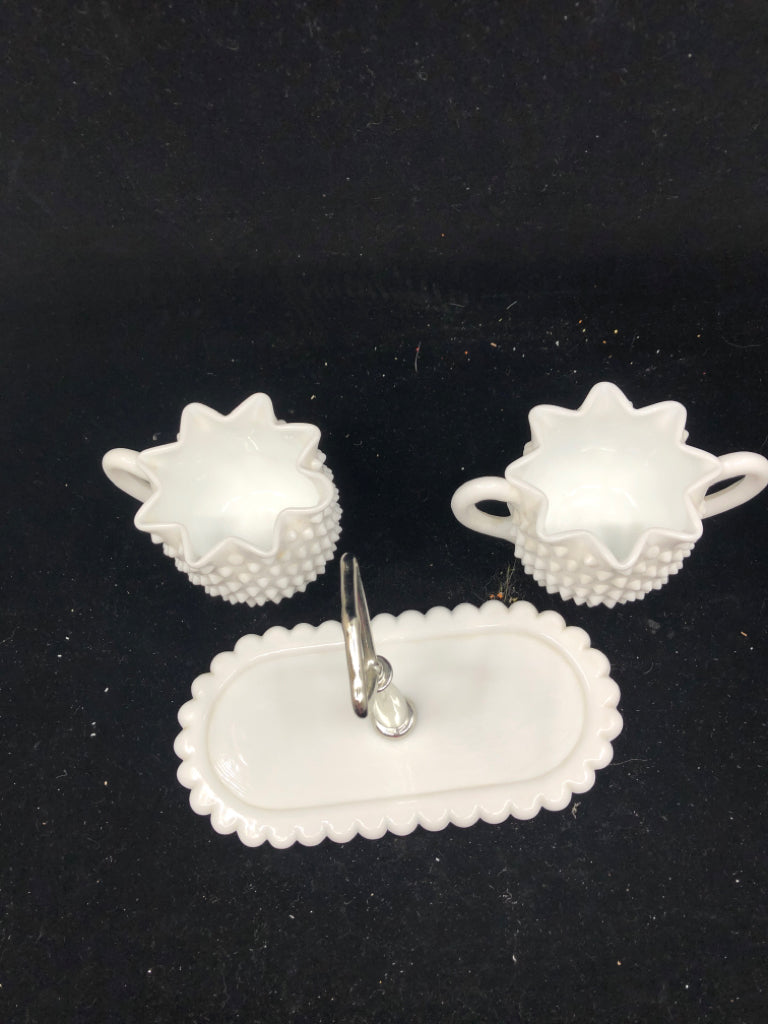 VTG MILK GLASS HOBNAIL SUGAR AND CREAMER SET W TRAY.