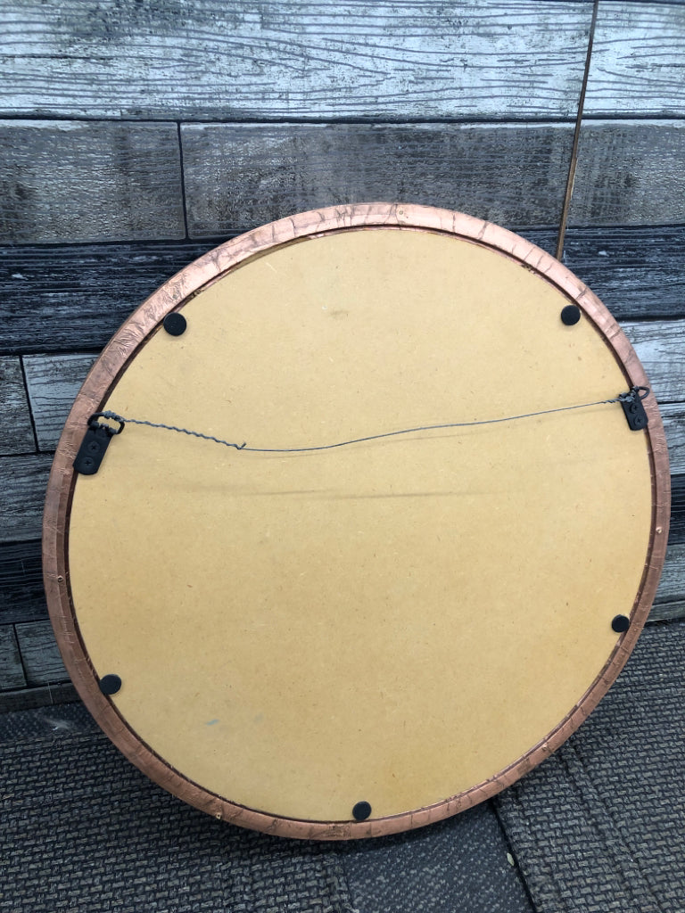 ROUND MIRROR W/COPPER/WOOD FRAME.
