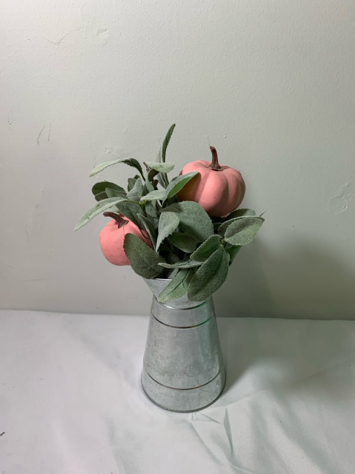 GALVANIZED PITCHER W/ FAUX PINK PUMPKINS BOUQUET.