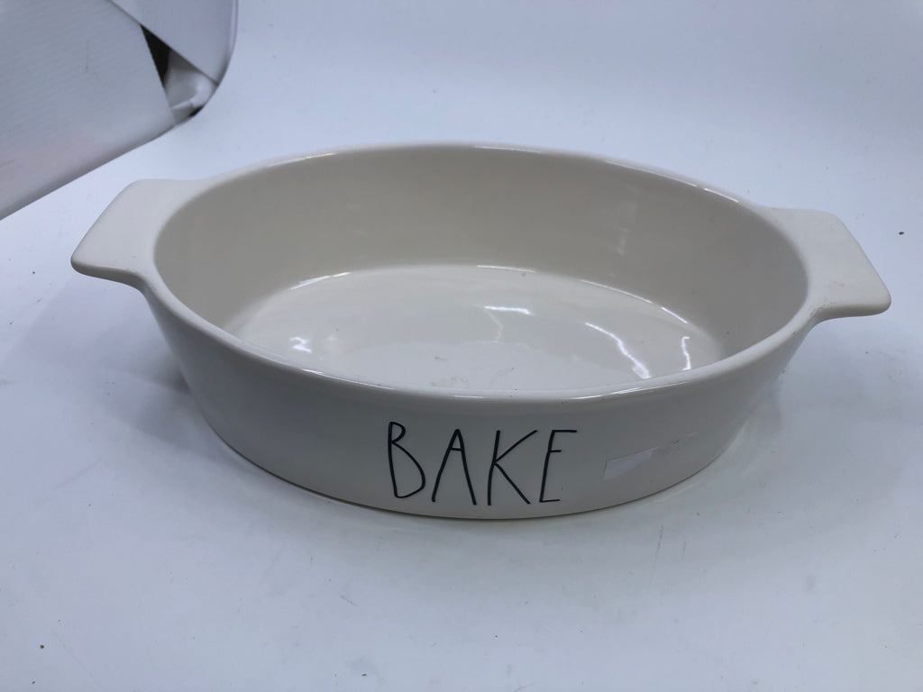 WHITE OVAL "BAKE" DISH-RAE DUNN.