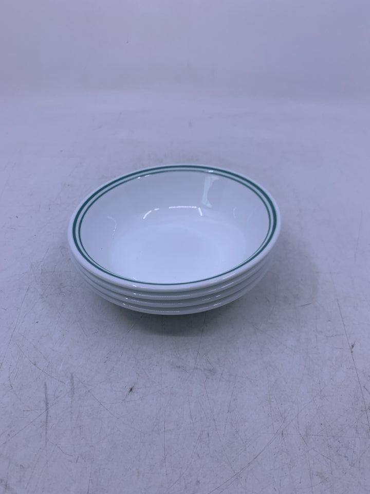 4 WHITE W/ GREEN RIM SNACK BOWLS.