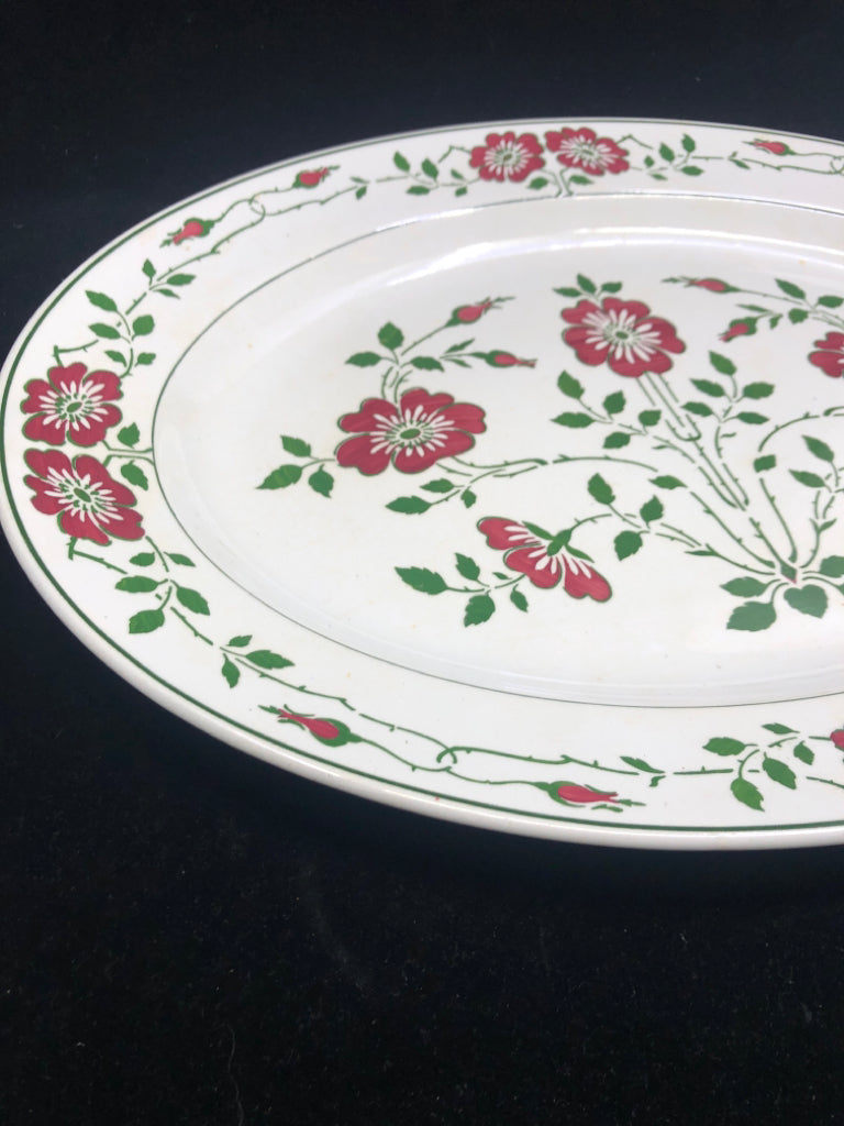 VTG LS & S -LARGE OVAL PLATTER W/ RED FLOWERS+ GREEN VINES .