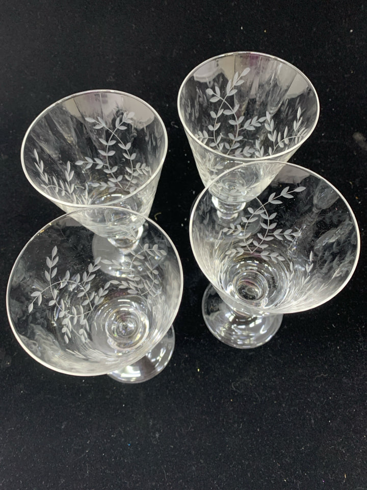 4PC DRINKING GLASSES W/ ETCHED LEAVES.