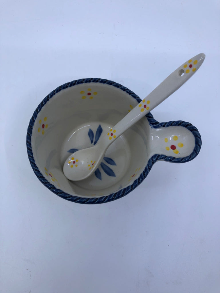 PETITE SERVING BOWL WITH SPOON CREAM,BLUE,YELLOW FLOWERS.