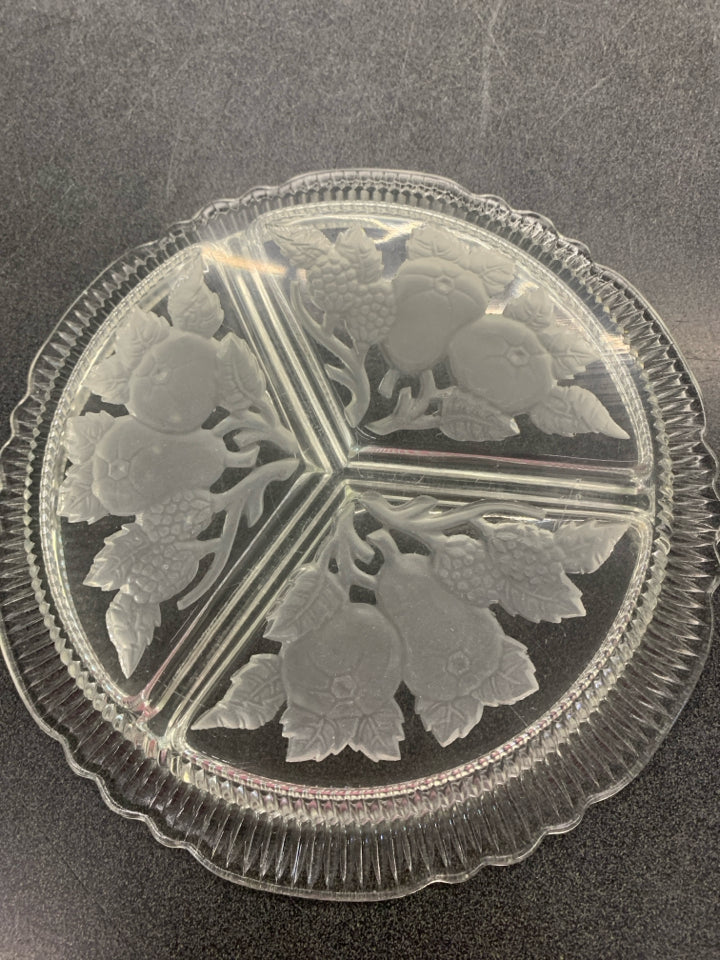 VTG GLASS FRUIT PATTERN 3 SECTION DIVIDED RELISH DISH.