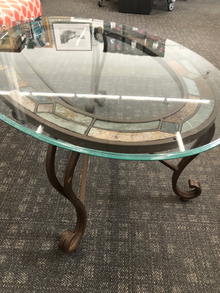METAL GLASS COFFEE TABLE W/NATURAL SLATE DESIGN.