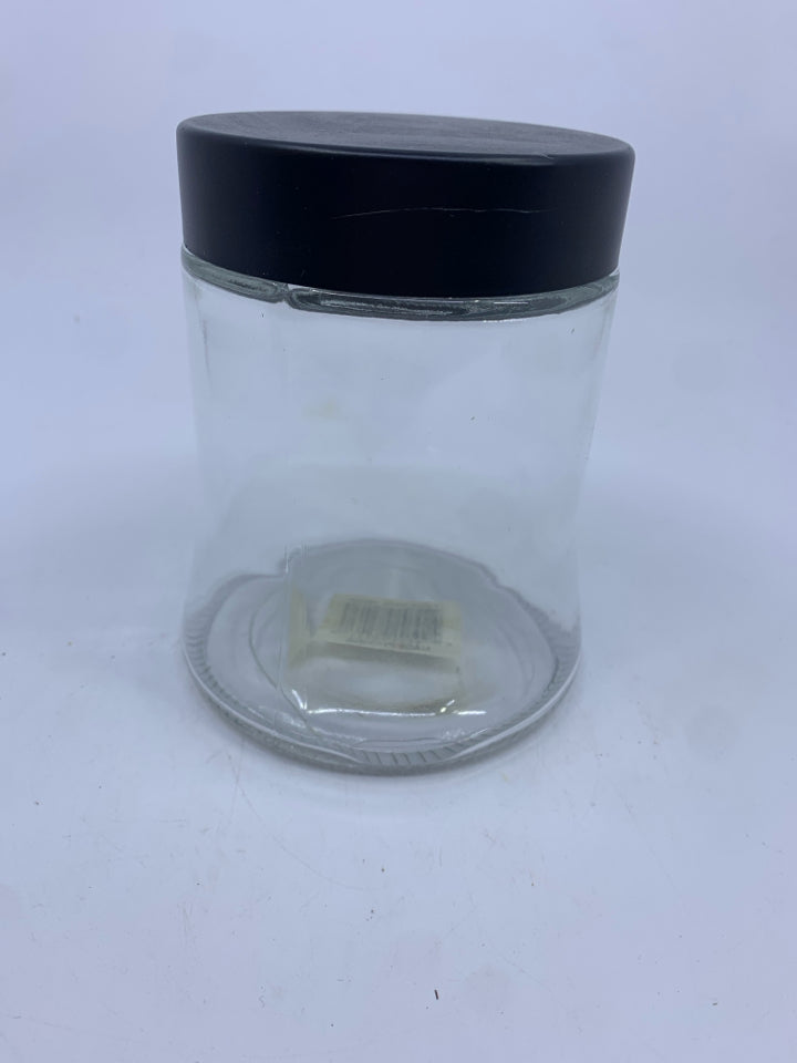 ROUND GLASS CANISTER W BLACK LID.