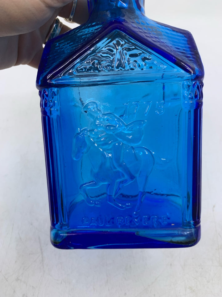 VTG BLUE GLASS PAUL REVERE HOUSE SHAPED EMPTY BOTTLE.