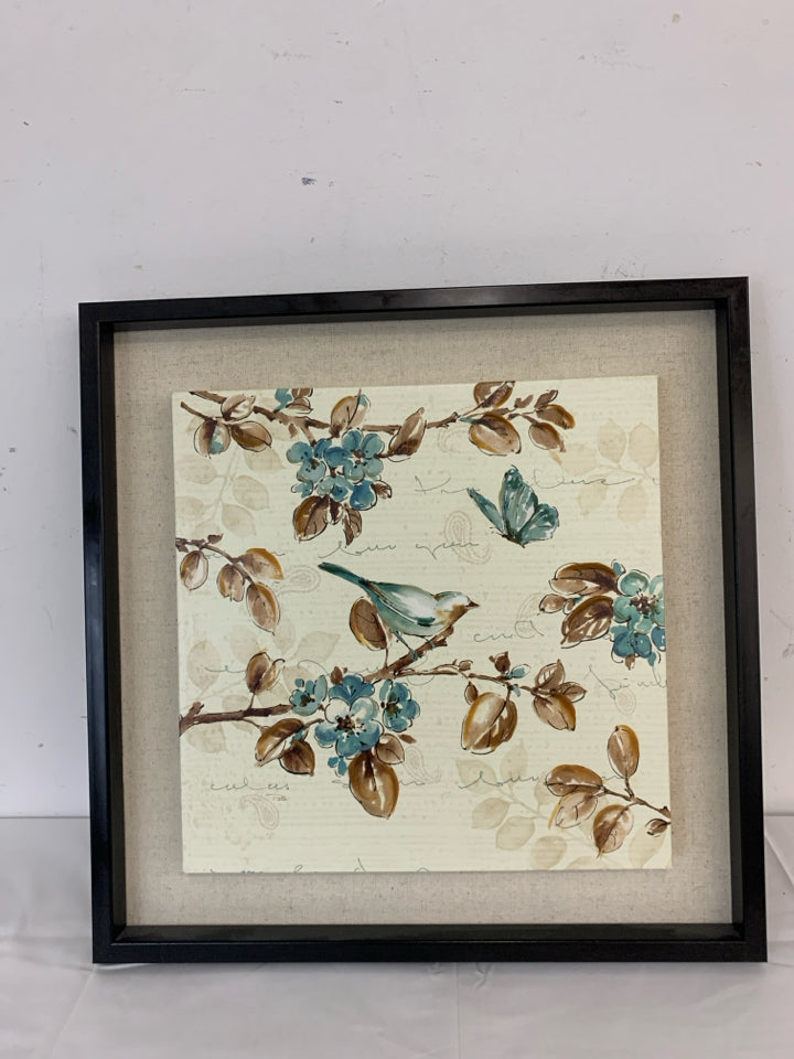 BIRD CANVAS ON DARK WOOD FRAME.