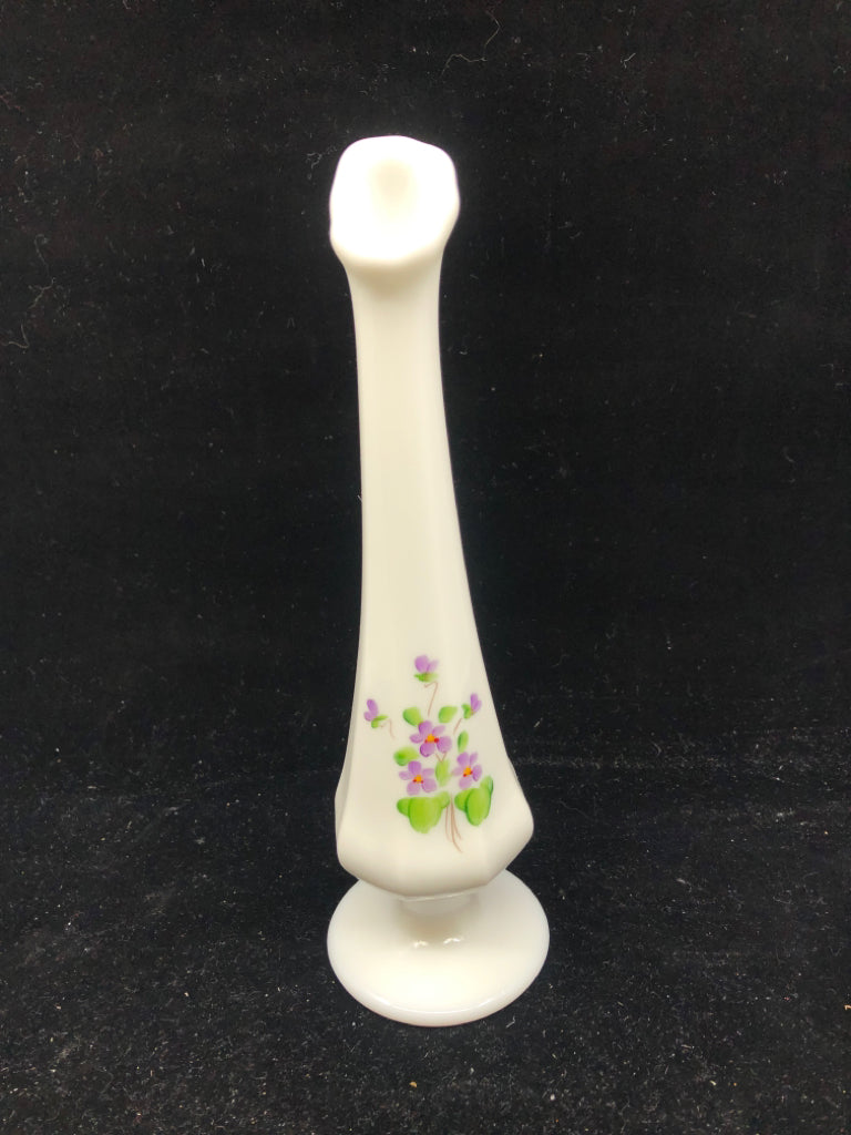 VTG FOOTED PURPLE FLORAL BUD VASE- SIGNED.