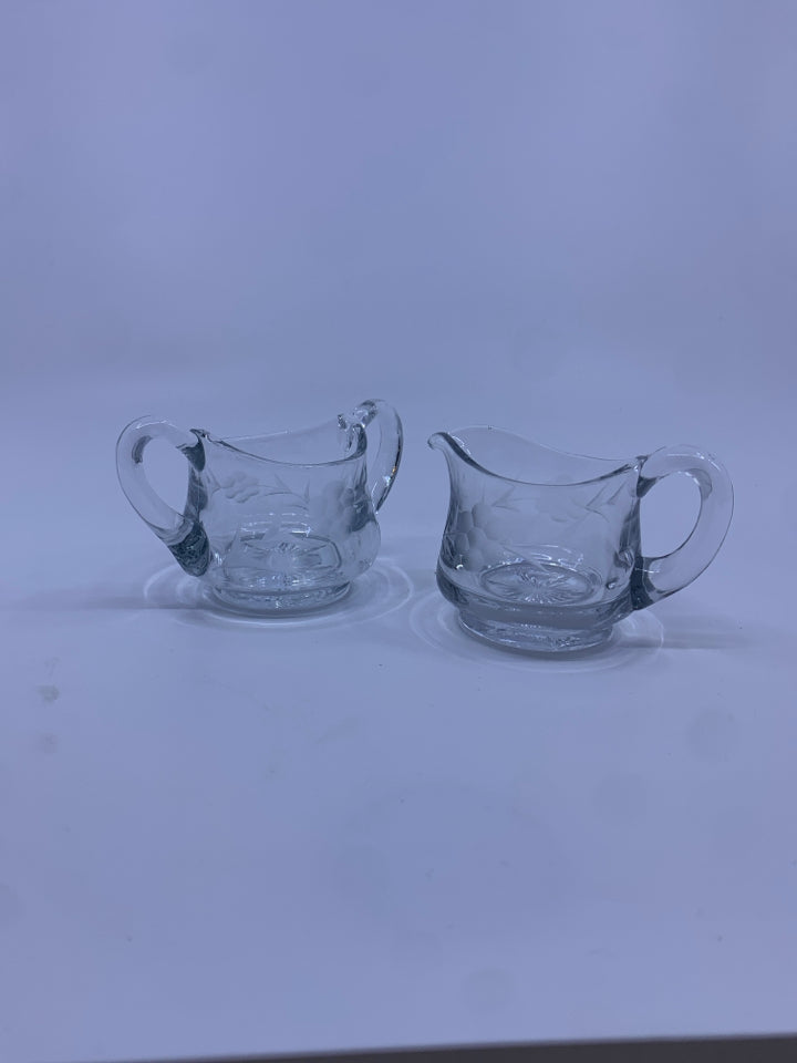 ETCHED GLASS CREAMER AND SUGAR SET.