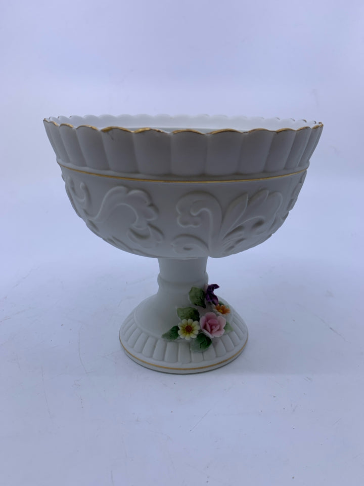 WHITE CERAMIC FOOTED BOWL W/ EMBOSSED COLORFUL FLOWERS W/ LID.
