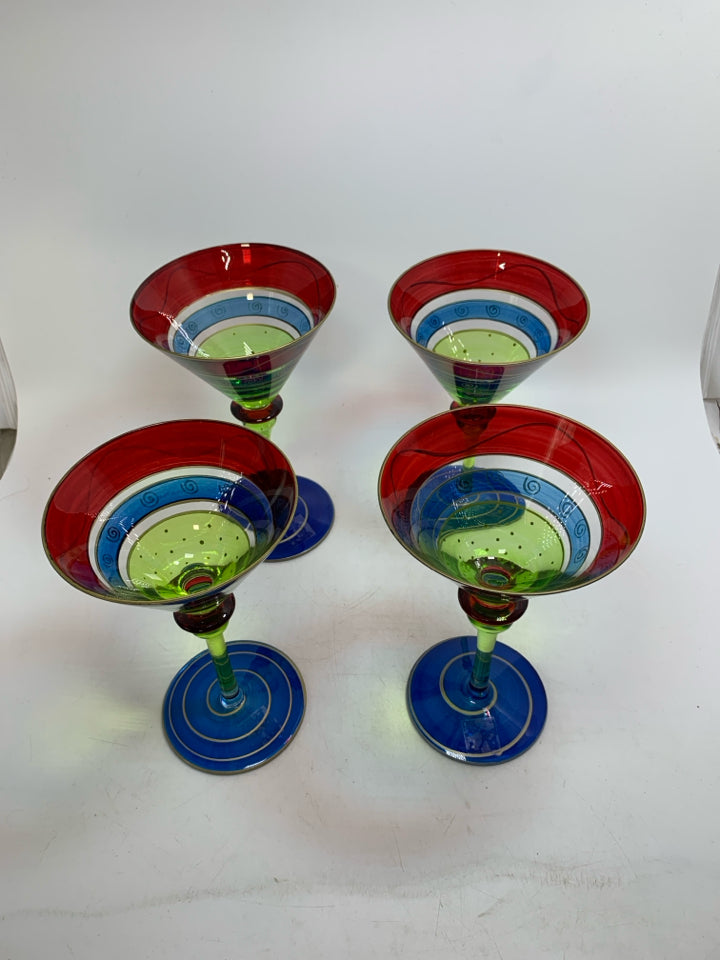 4 MULTI COLORED LUMINESCENCE MARTINI GLASSES.