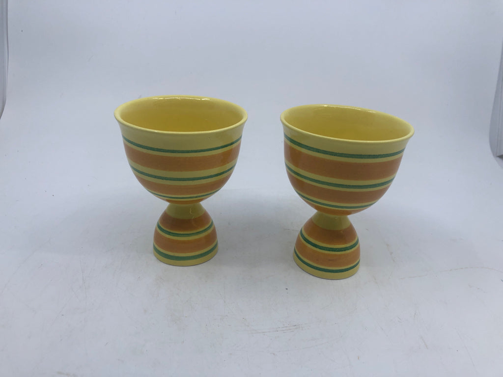 2 VTG YELLOW AND GREEN STRIPED EGG CUPS.