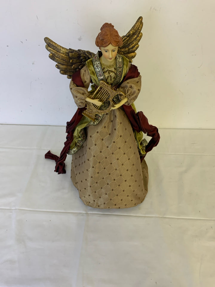 BROWN AND MAROON ANGEL W HARP TREE TOPPER.