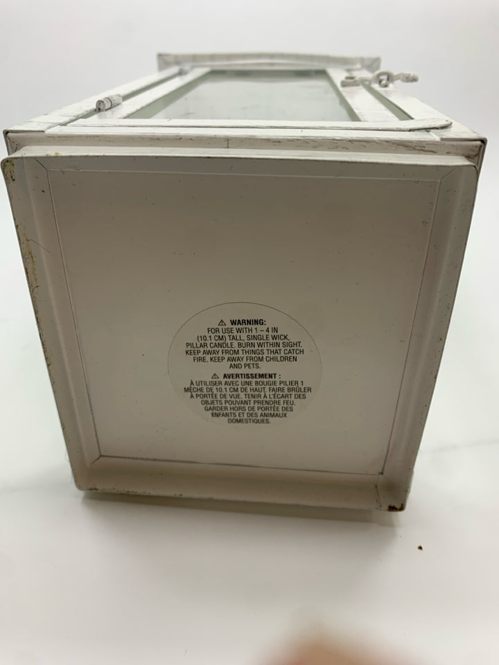WHITE METAL CANDLE LANTERN.