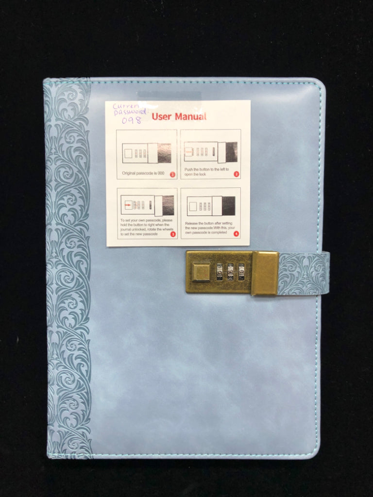 LOCKING BLUE FAUX LEATHER NOTEBOOK.