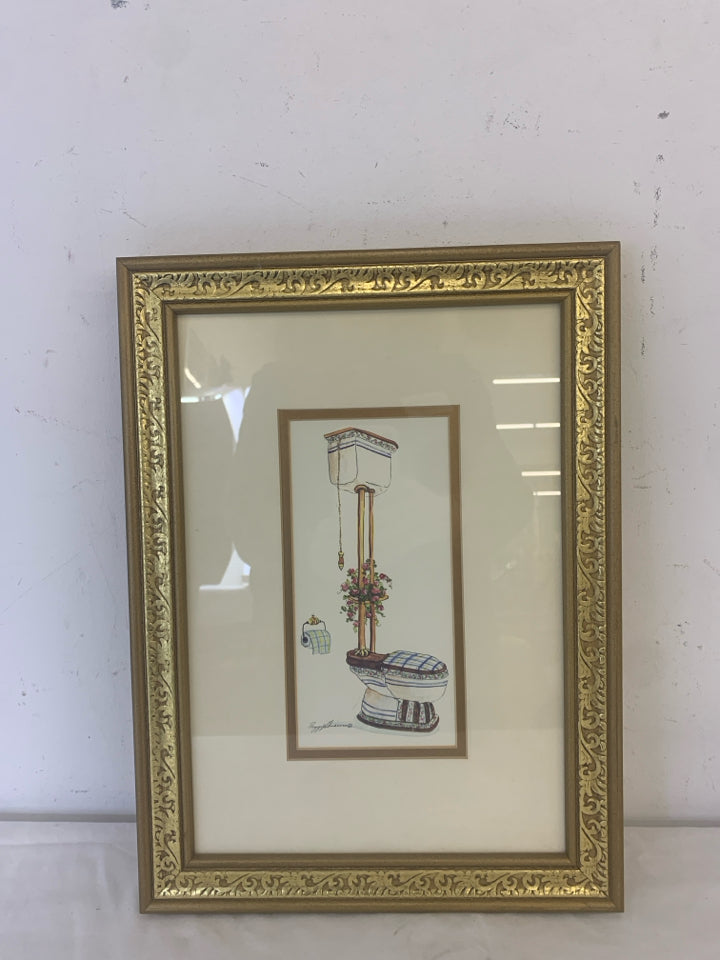 VTG STYLE TOILET IN GOLD FRAME WALL ART.