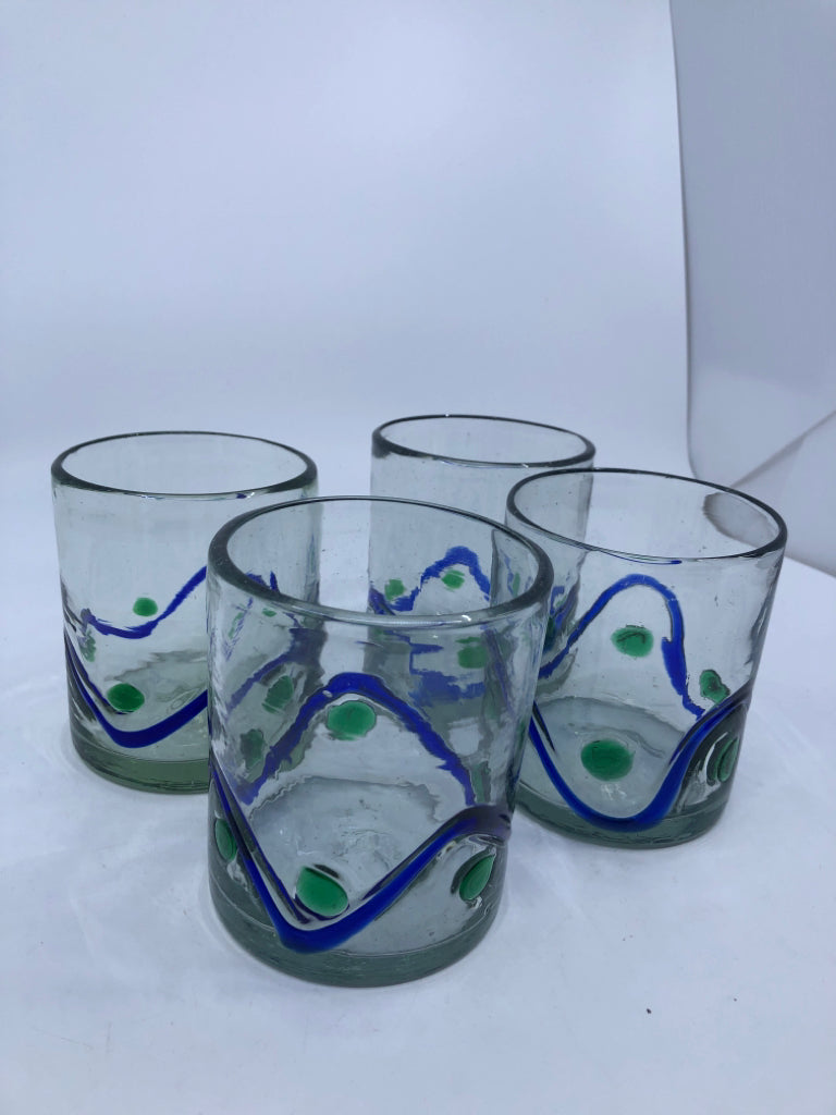 4 GREEN AND BLUE SHORT BLOWN GLASS GLASSES.