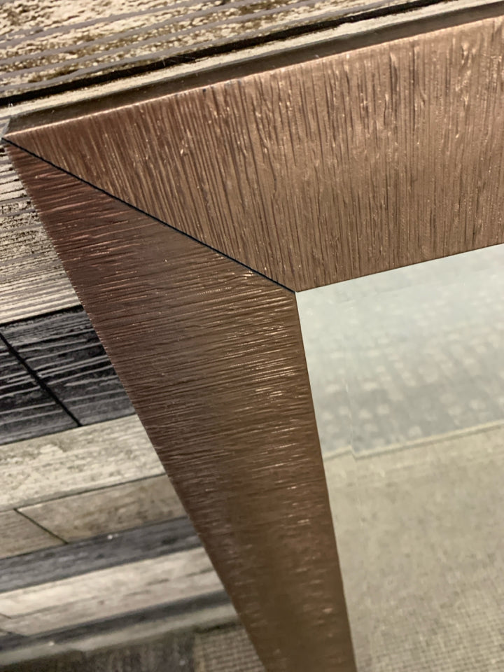 LARGE MIRROR W/BROWN RIBBED FRAME.