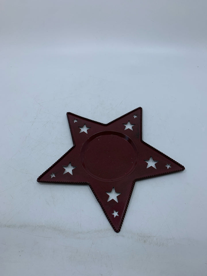 STAR SHAPED METAL CANDLE PLATE W/ PIERCED STARS.