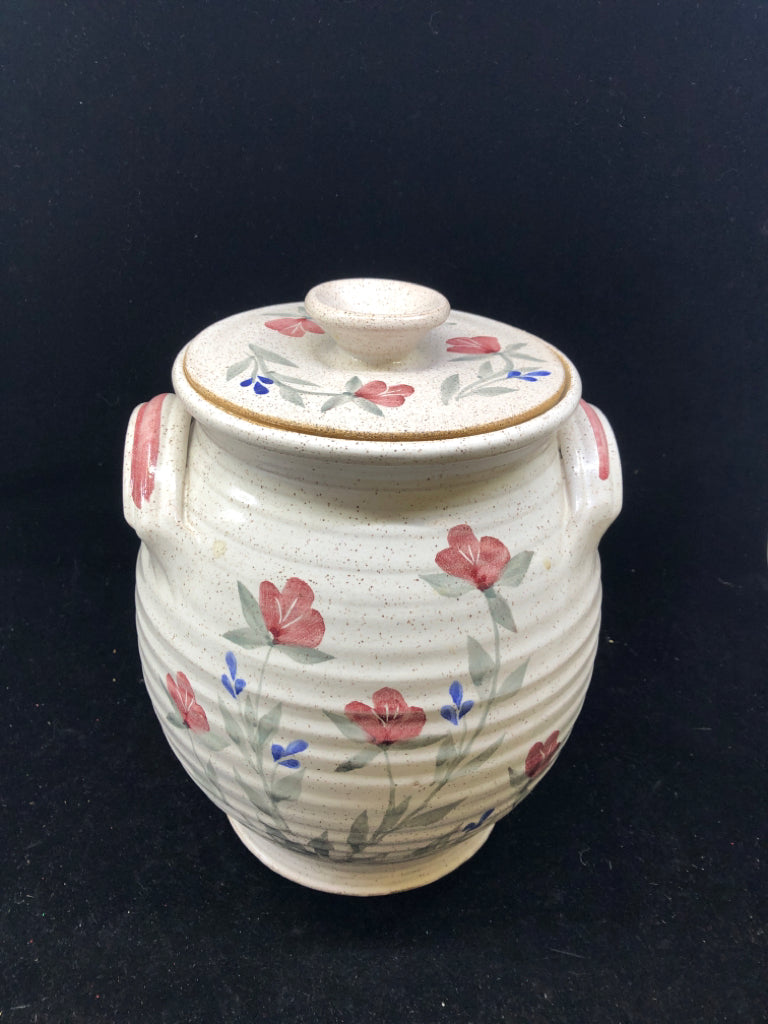 LARGE POTTERY CANISTER WHITE SPECKLED PINK FLOWERS.