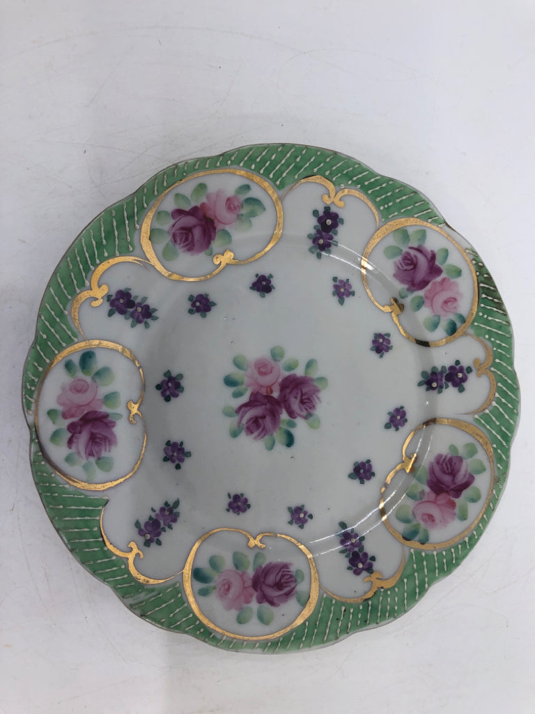 3 VTG GREEN/GOLD PAINTED FLOWERS DESSERT PLATES.