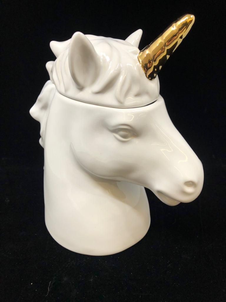 WHITE CERAMIC UNICORN COOKIE JAR W/GOLD HORN.