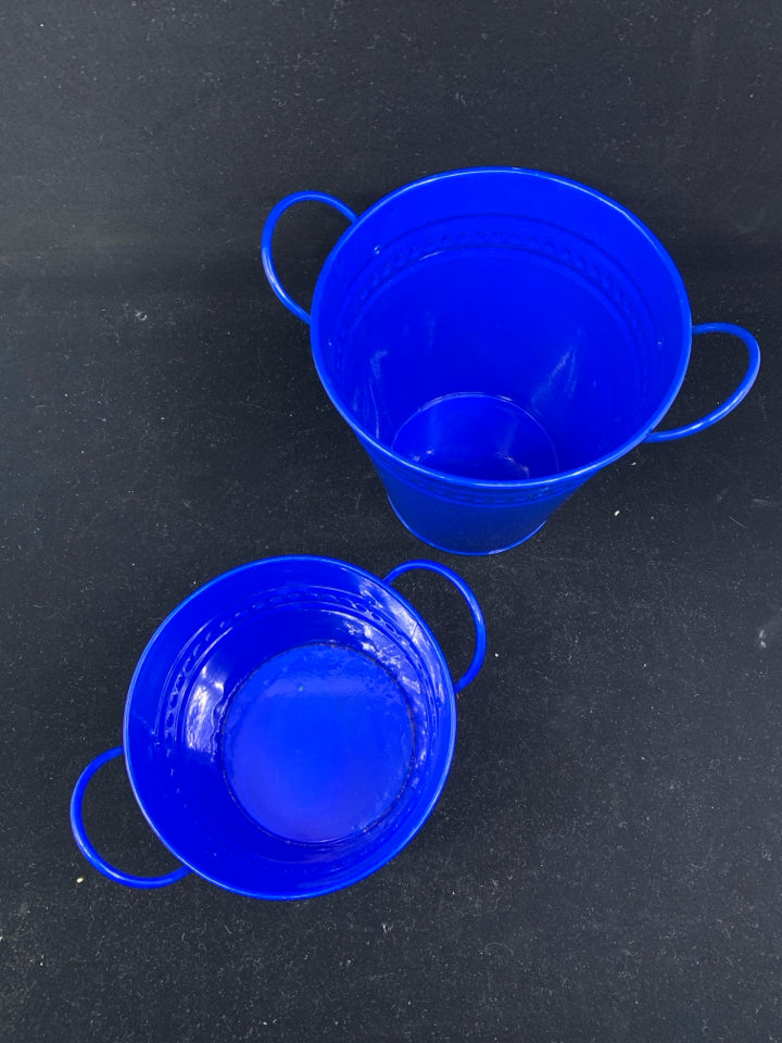 2 BLUE METAL BUCKETS W/HANDLES.