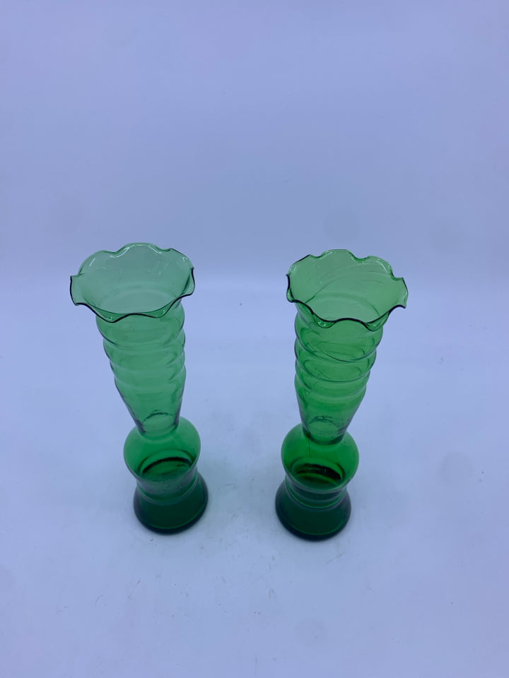 2 VTG GREEN GLASS VASES SKINNY W/ RUFFLED EDGE.