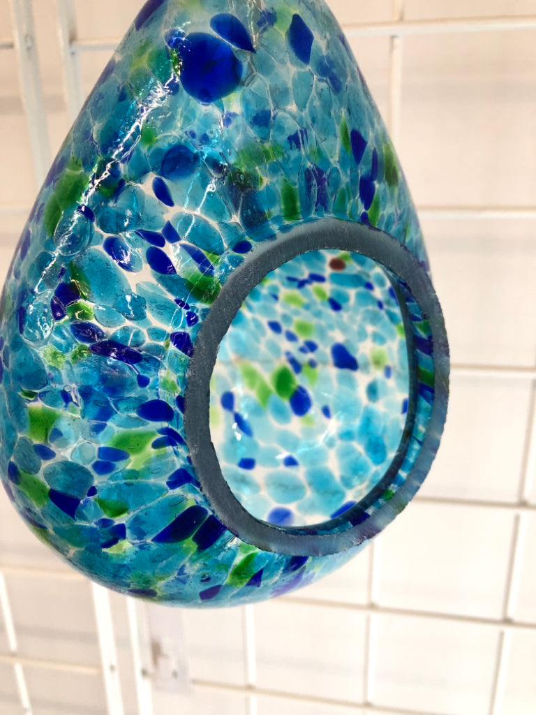 HANGING BLUE GLASS WATER DROP BIRD FEEDER.