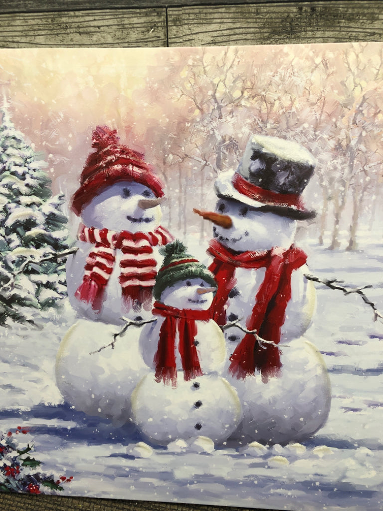 3 SNOWMEN IN SNOW CANVAS.