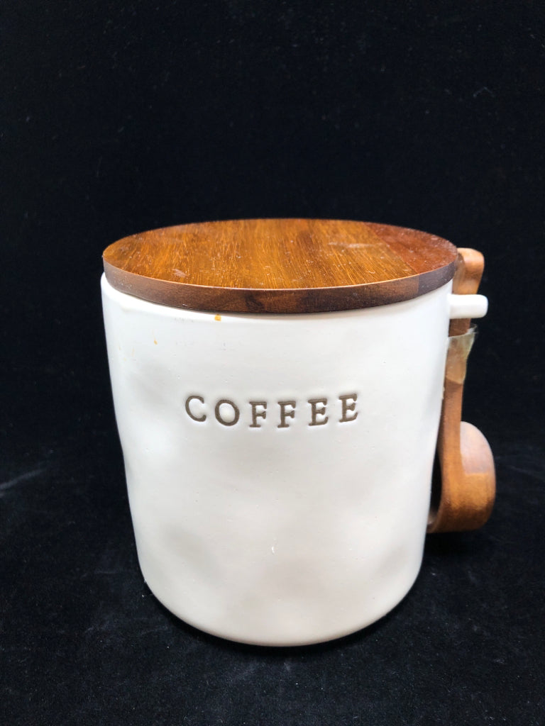 CERAMIC COFFEE CANISTER W/WOODEN SCOOPER.