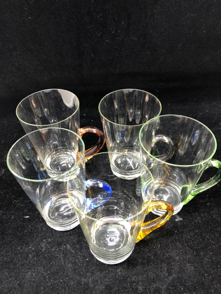 5 GLASS DRINKING CUPS W COLORED HANDLES.