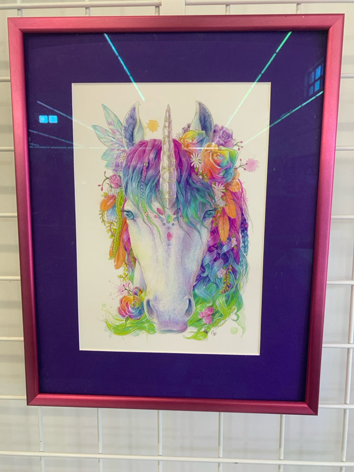 WATERCOLOR UNICORN IN PINK METAL FRAME.