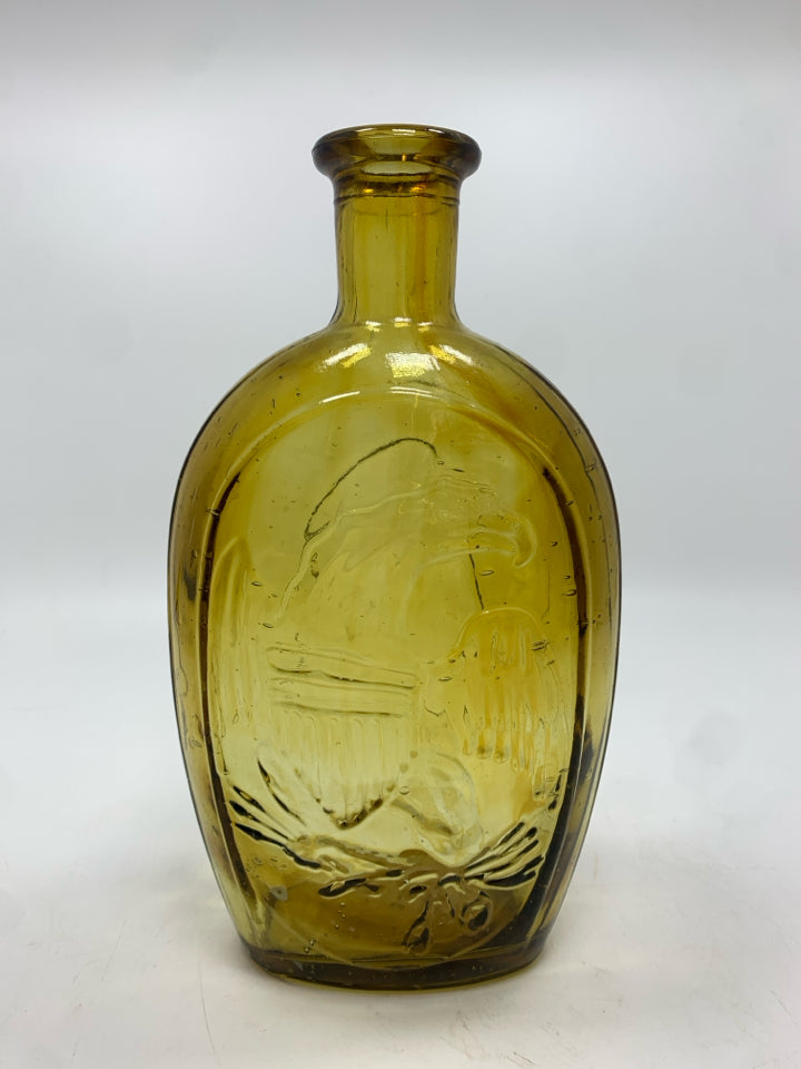 VTG PATRIOTIC AMBER GLASS BOTTLE.