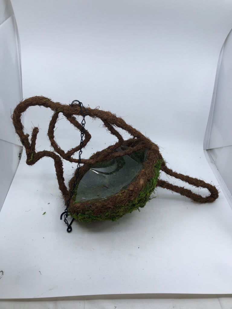 MOSS BIRD SHAPED HANGING PLANTER W/ PLASTIC INSERT.
