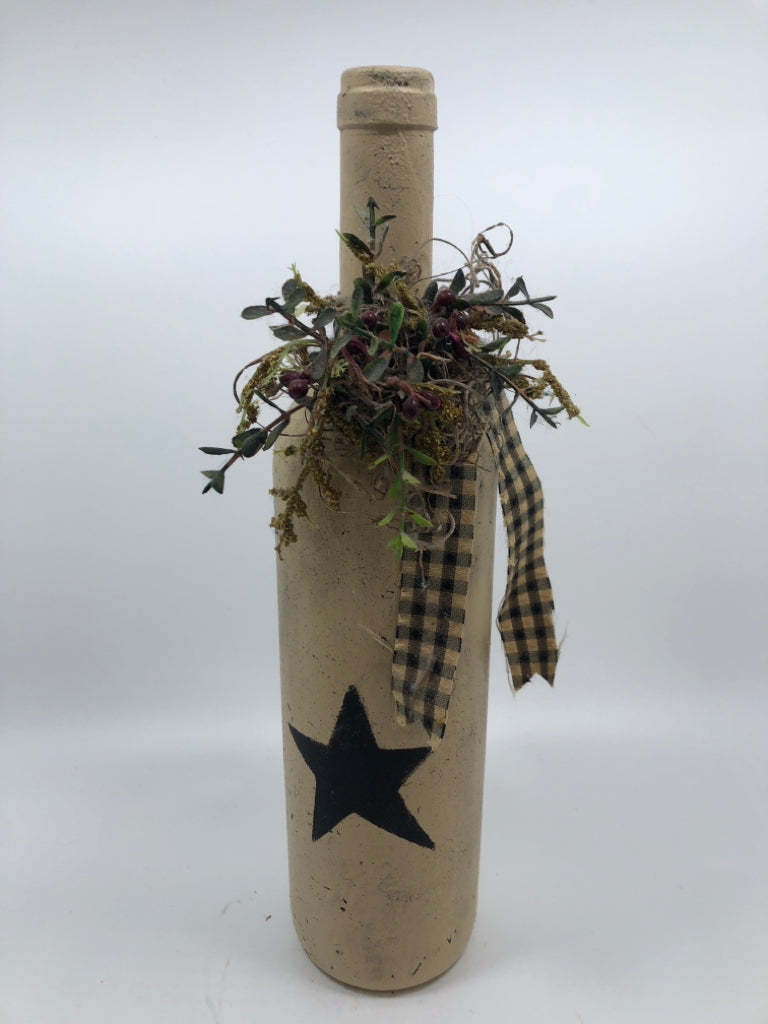 PRIMITIVE CRACKLE PAINTED BOTTLE VASE-GINGHAM RIBBON.