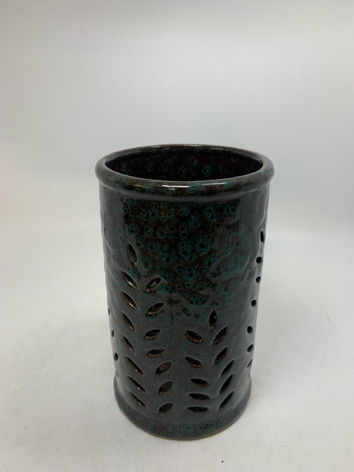 PIERCED CYLINDER TEAL SPECKS PILLAR CANDLE HOLDER.