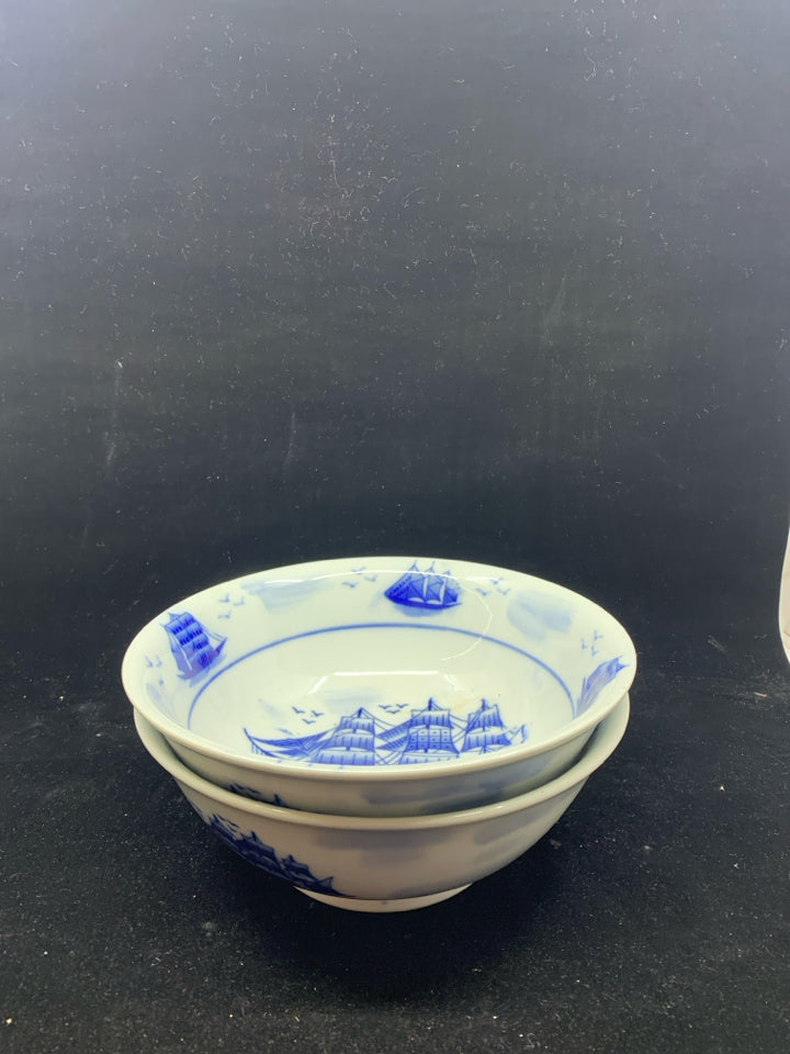 2 BLUE AND WHITE SHIP SERVING BOWLS.